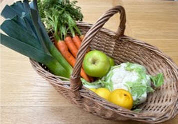 A basket of colourful fruits and vegetables